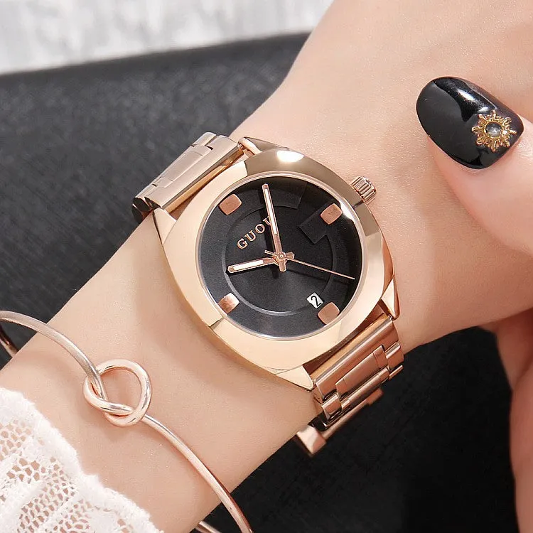 Women's Watch Round calendar dial stainless steel strap gold quartz fashion watch