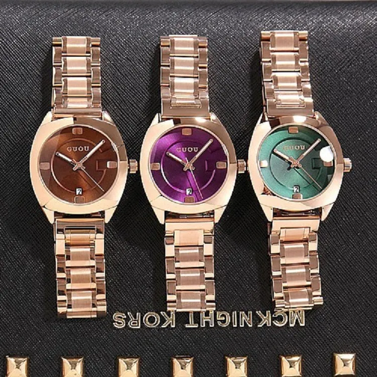 Women's Watch Round calendar dial stainless steel strap gold quartz fashion watch