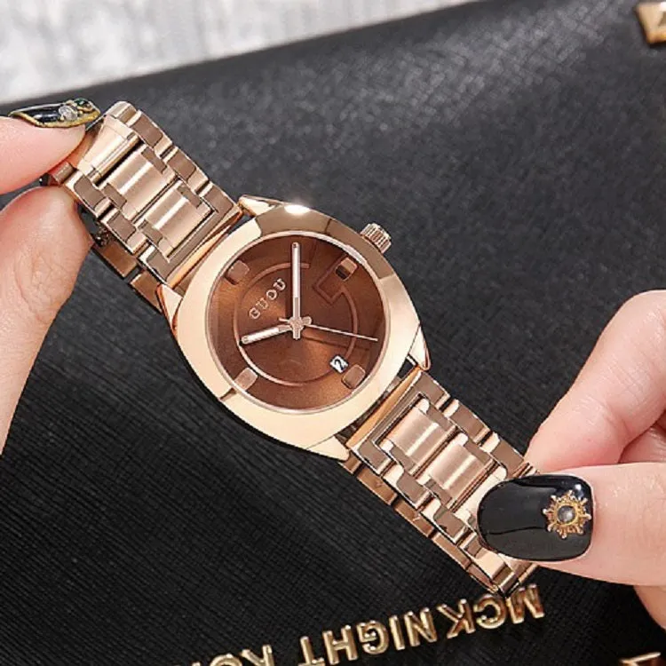 Women's Watch Round calendar dial stainless steel strap gold quartz fashion watch