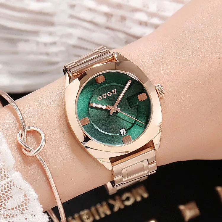 Women's Watch Round calendar dial stainless steel strap gold quartz fashion watch