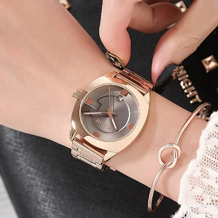 Women's Watch Round calendar dial stainless steel strap gold quartz fashion watch