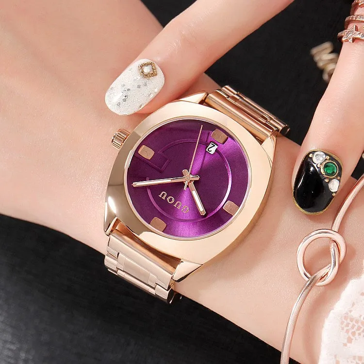 Women's Watch Round calendar dial stainless steel strap gold quartz fashion watch