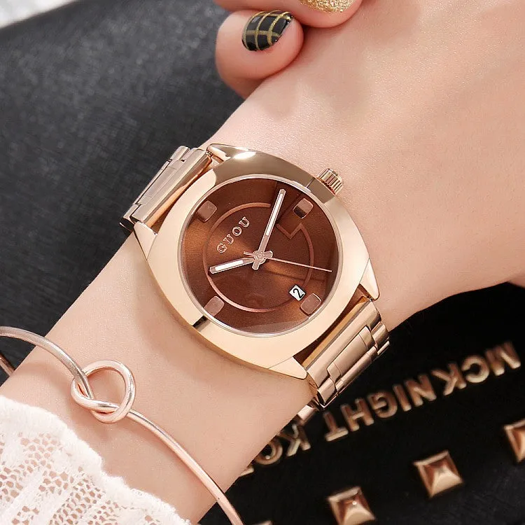 Women's Watch Round calendar dial stainless steel strap gold quartz fashion watch