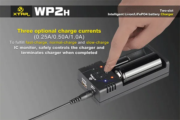 XTAR WP2H Two Slot Intelligent Li-ion LiFePO4 Battery charger USB Power Bank