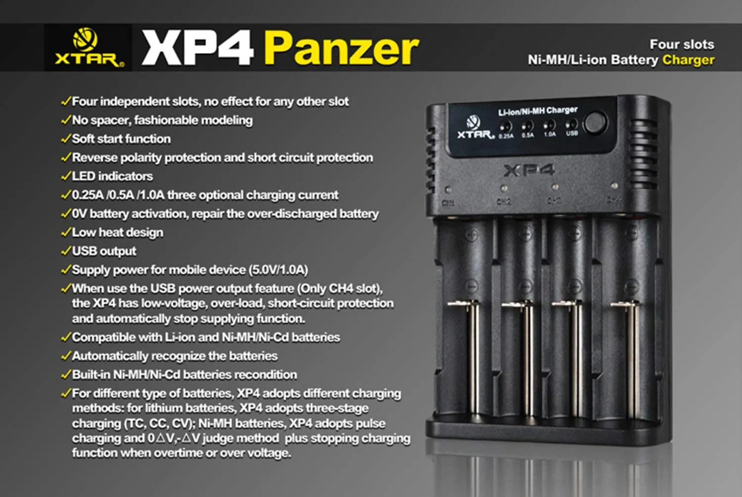 Xtar XP4 Panzer Ni-MH/Li-ion Battery Charger