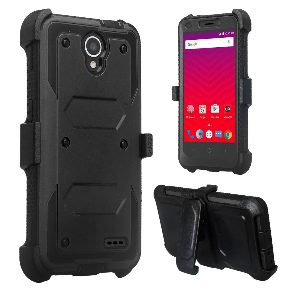 ZTE Prestige 2, Overture 3, Maven 3, Prelude Plus, ZTE 9136, Midnight Pro, Rugged Full-Body, Built-in Screen Protector, Heavy Duty Holster Combo Case Cover - Black