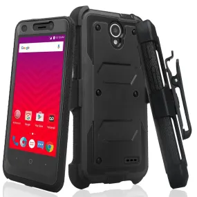 ZTE Prestige 2, Overture 3, Maven 3, Prelude Plus, ZTE 9136, Midnight Pro, Rugged Full-Body, Built-in Screen Protector, Heavy Duty Holster Combo Case Cover - Black